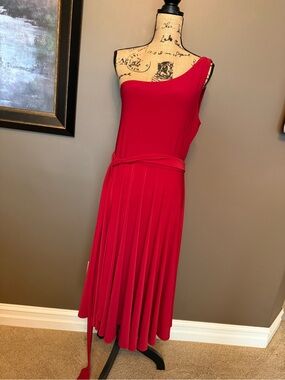 American Living Red One-Shoulder Pleated Tie-Waist Dress